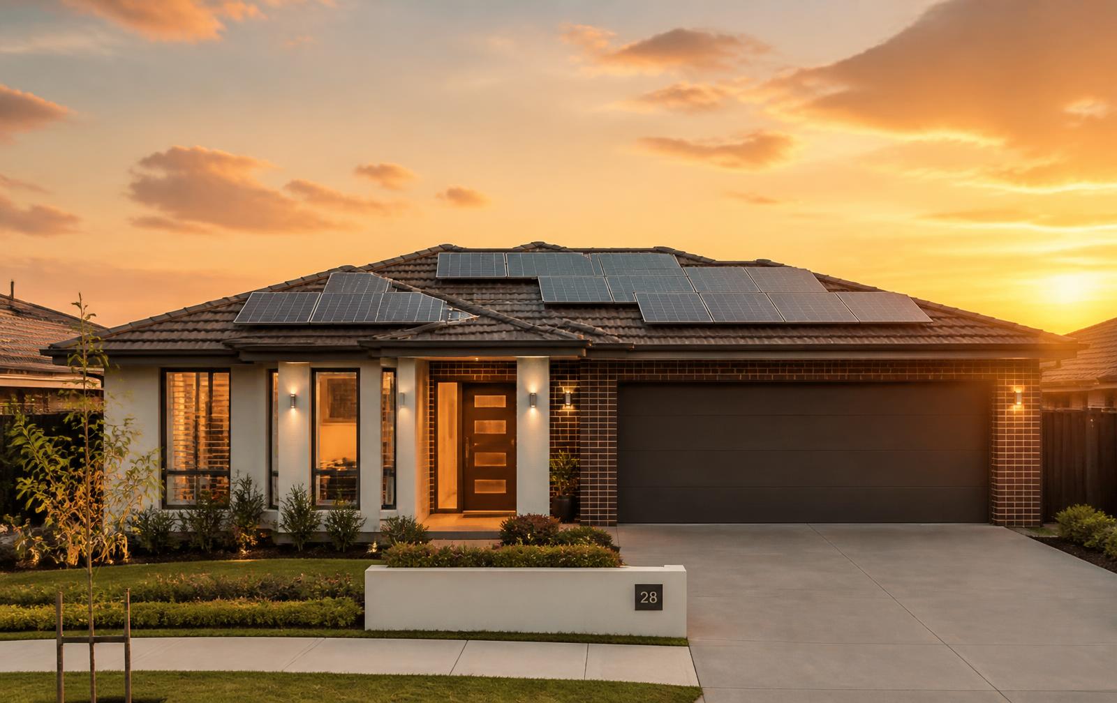Australian home with rooftop solar panels at sunset